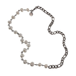 Unisex RVS Figaro Schakelketting met Witte Zoetwaterparels Lengte 52cm