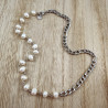 Unisex RVS Figaro Schakelketting met Witte Zoetwaterparels Lengte 52cm