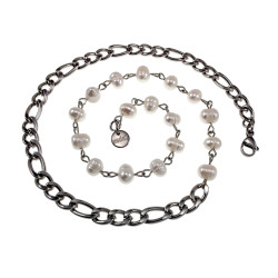 Unisex RVS Figaro Schakelketting met Witte Zoetwaterparels Lengte 52cm
