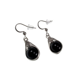 Dames RVS Haakoorbellen met Gepolijst Zwarte Obsidiaan Steen