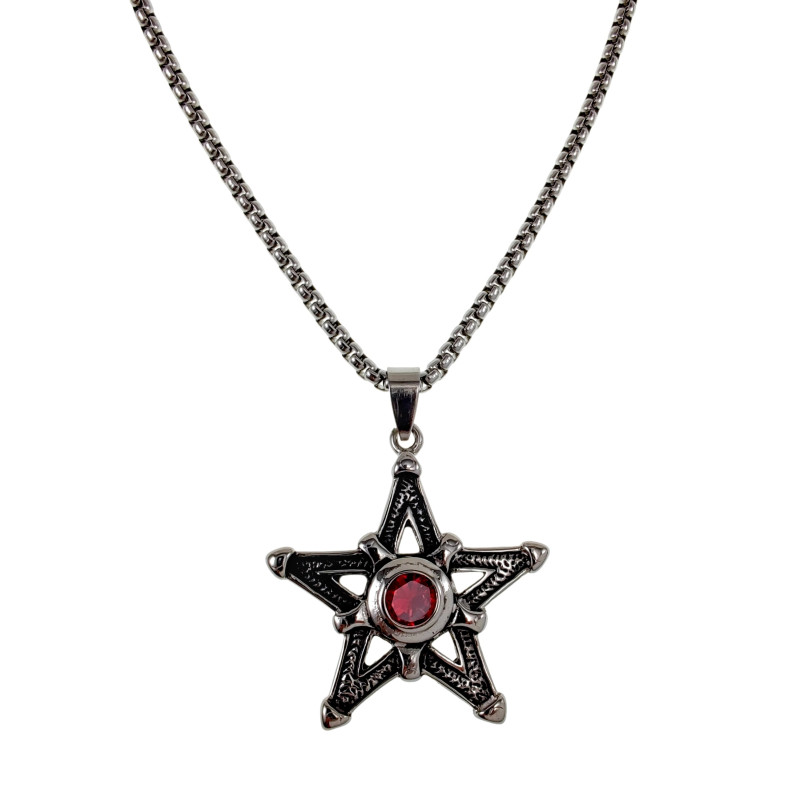 RVS Jasseron-Ketting + Ster Pentagram Hanger met Rode Zirkonia Unisex