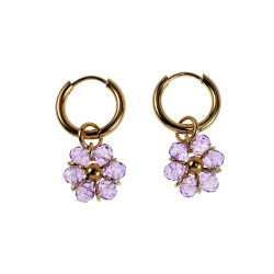 ∅14mm Verguld RVS Oorbellen Paarse Gefacetteerde Kristallen Bloemhanger