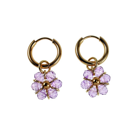 ∅14mm Verguld RVS Oorbellen Paarse Gefacetteerde Kristallen Bloemhanger