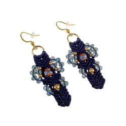 Verguld RVS - Donkerblauw Micro-Macramé Haakoorbellen met Agaatsteen
