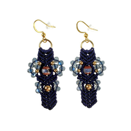 Verguld RVS - Donkerblauw Micro-Macramé Haakoorbellen met Agaatsteen