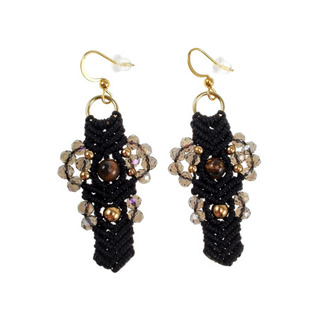 Verguld RVS - Zwarte Micro-Macramé Haakoorbellen met Tijgeroogsteen