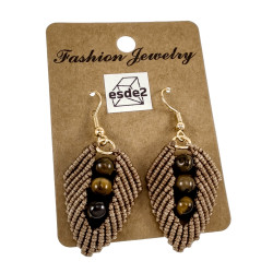 Verguld RVS - Bruin Micro-Macramé Blad Oorbellen met Zoetwaterparels