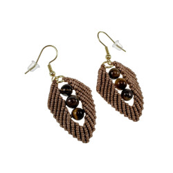 Verguld RVS - Bruin Micro-Macramé Blad Oorbellen met Zoetwaterparels