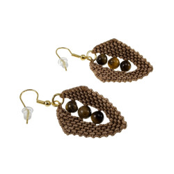 Verguld RVS - Bruin Micro-Macramé Blad Oorbellen met Zoetwaterparels