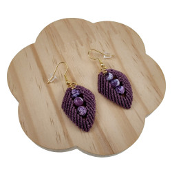 Verguld RVS - Paarse Micro-Macramé Blad Oorbellen met Drakenaderagaat