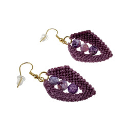 Verguld RVS - Paarse Micro-Macramé Blad Oorbellen met Drakenaderagaat