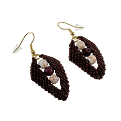 Verguld RVS Donkerbruine Micro-Macramé Blad Oorbellen met Natuurstenen