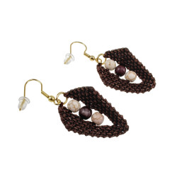 Verguld RVS Donkerbruine Micro-Macramé Blad Oorbellen met Natuurstenen