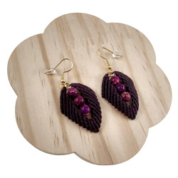 Verguld RVS Donkerpaarse Macramé Blad Oorbellen met Sedimentstenen