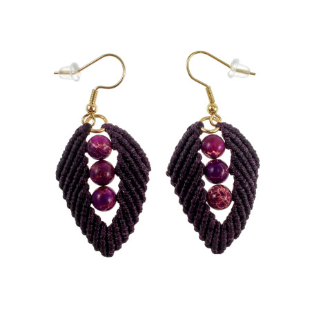Verguld RVS Donkerpaarse Macramé Blad Oorbellen met Sedimentstenen