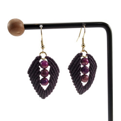 Verguld RVS Donkerpaarse Macramé Blad Oorbellen met Sedimentstenen