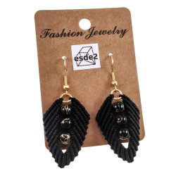 Verguld RVS Zwarte Macramé Blad Oorbellen met Zwarte Agaatstenen