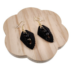 Verguld RVS Zwarte Macramé Blad Oorbellen met Zwarte Agaatstenen