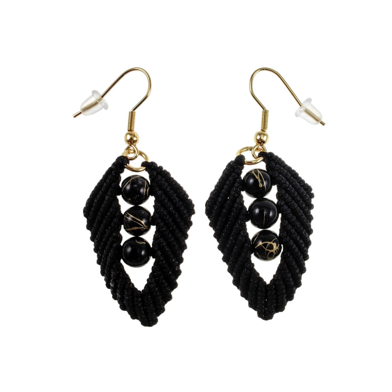 Verguld RVS Zwarte Macramé Blad Oorbellen met Zwarte Agaatstenen