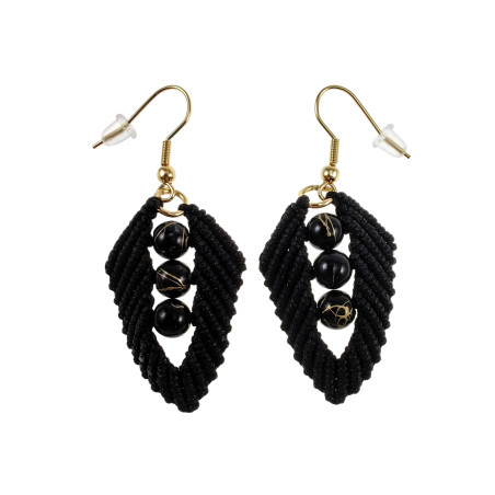 Verguld RVS Zwarte Macramé Blad Oorbellen met Zwarte Agaatstenen