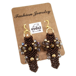 Verguld RVS - Donkerbruine Micro-Macramé Haakoorbellen met Tijgeroog