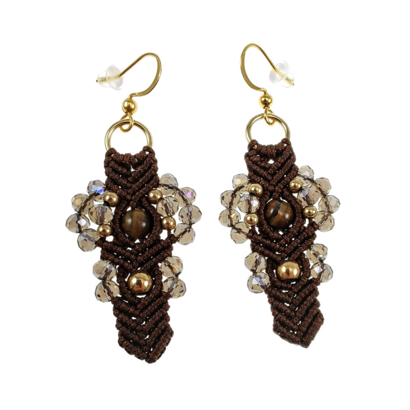 Verguld RVS - Donkerbruine Micro-Macramé Haakoorbellen met Tijgeroog