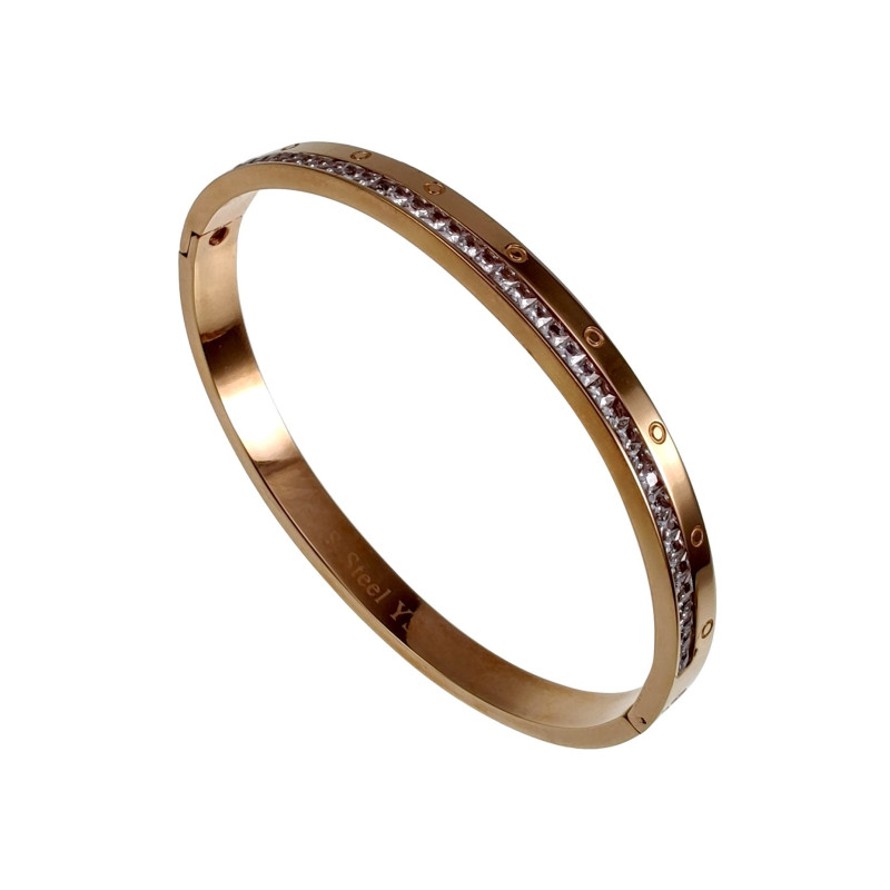 Roségoud RVS Bangle Armband met Zirkonias en Gegraveerde Cirkels Dames