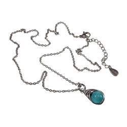 Dames RVS Cabelketting met Turquoise Kattenoogsteen Hanger - 45-50cm