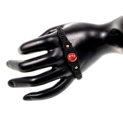 Verguld RVS - Zwarte Micro-Macramé Armband met Carneool Agaat Steen