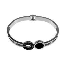 Gepolijst RVS Bangle met Zwarte Details, Romeinse Letters en Zirkonia
