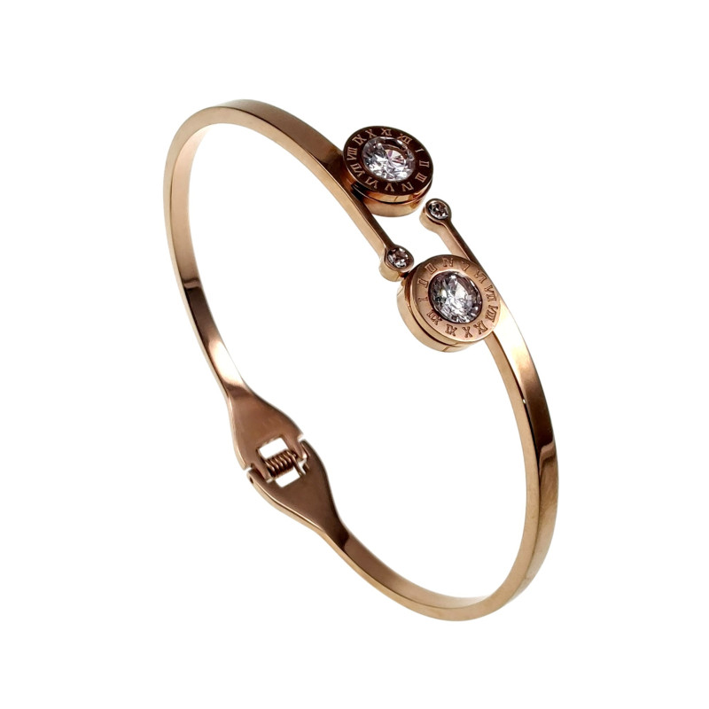 Roségoudkleurig RVS - Bangle Armband met Zirkonia en Romeinse Cijfers
