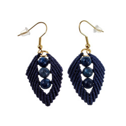 Verguld RVS - Marineblauwe Micro-Macramé Blad Haakoorbellen met Stenen