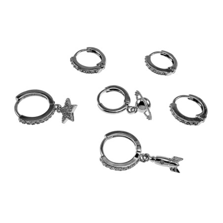 Oorbellen Set-6 stuks  - Ster, Raket en Saturnus - Rhodium Plated