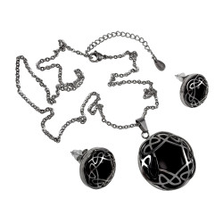 Dames RVS Kabelketting en Oorbellen met Zwart Cabochon  - 50-55cm