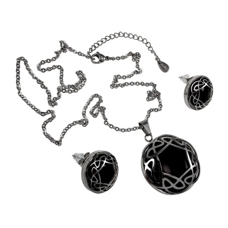 Dames RVS Kabelketting en Oorbellen met Zwart Cabochon  - 50-55cm