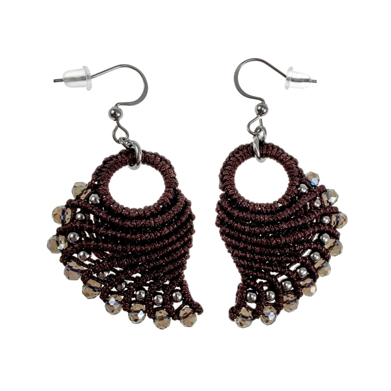 Engelvleugel Oorbellen van Donkerbruin Micro Macramé en RVS Handgemaakt