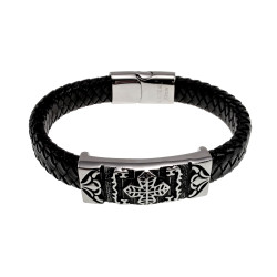 Stoere Zwarte Gevlochten Leren Armband met Keltisch Kruis Plaat Heren