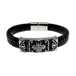 Stoere Zwarte Gevlochten Leren Armband met Keltisch Kruis Plaat Heren