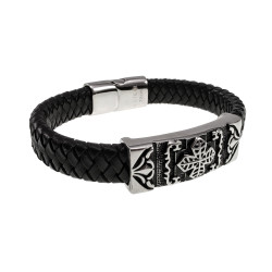 Stoere Zwarte Gevlochten Leren Armband met Keltisch Kruis Plaat Heren