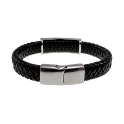 Stoere Zwarte Gevlochten Leren Armband met Keltisch Kruis Plaat Heren