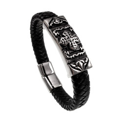 Stoere Zwarte Gevlochten Leren Armband met Keltisch Kruis Plaat Heren