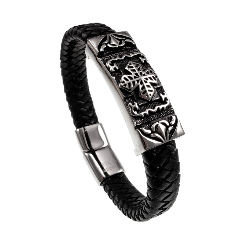 Stoere Zwarte Gevlochten Leren Armband met Keltisch Kruis Plaat Heren