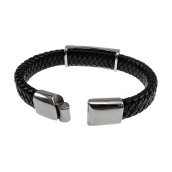 Stoere Zwarte Gevlochten Leren Armband met Keltisch Kruis Plaat Heren