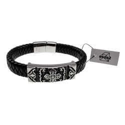 Stoere Zwarte Gevlochten Leren Armband met Keltisch Kruis Plaat Heren