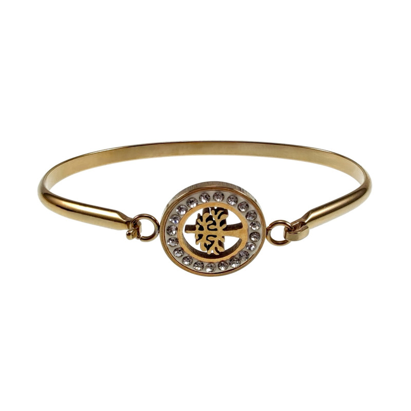 Dames - Goudkleurige RVS - Bangle Armband met Levensboom en Zirkonia