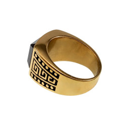 -Goudkleurige RVS Herenring met Zwarte Steen en Grieks Patroon