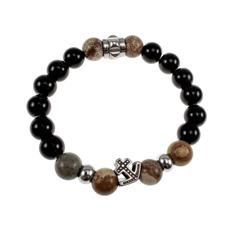 Elastische Herenarmband met Natuurstenen Onyx en Bruine Jaspis
