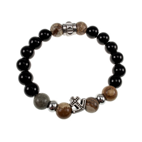 Elastische Herenarmband met Natuurstenen Onyx en Bruine Jaspis