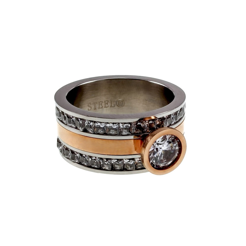 Bicolor RVS en Roségoudkleur - Brede Damesring met Fonkelende Zirkonia