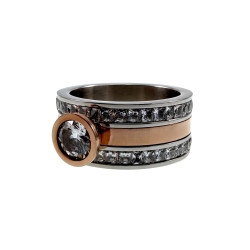 Bicolor RVS en Roségoudkleur - Brede Damesring met Fonkelende Zirkonia